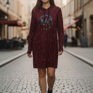 Michael Kors Burgundy Snake-Print Hoodie Dress with Logo